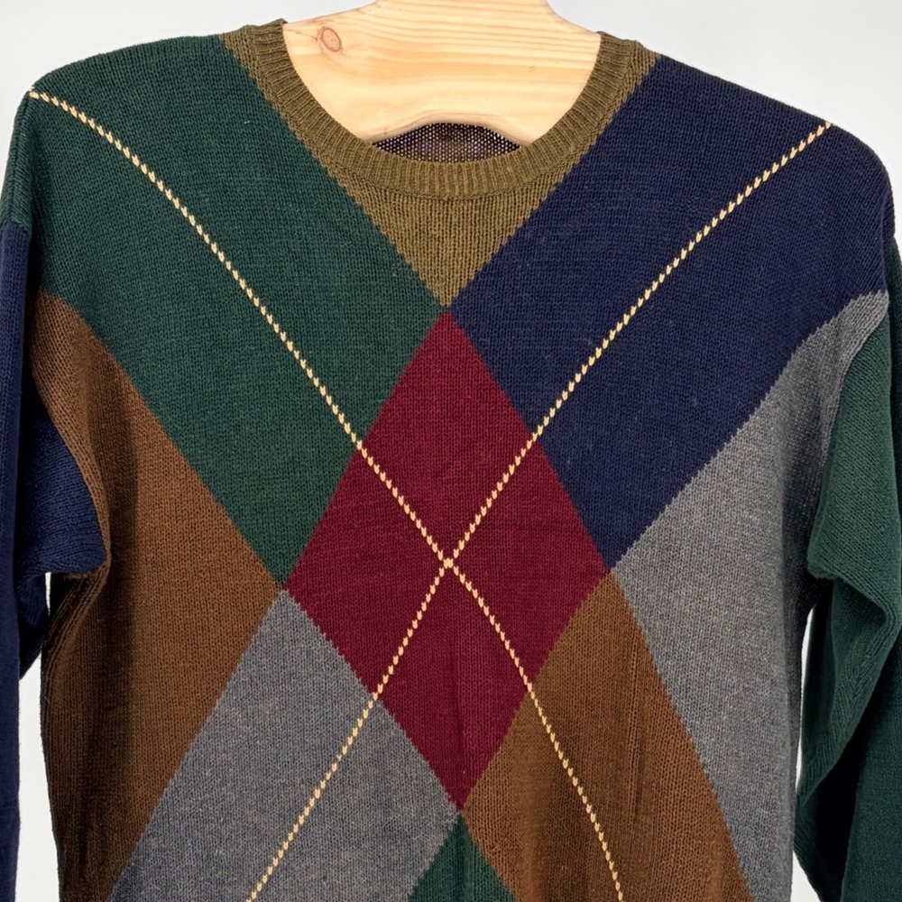 Nautica Argyle Sweater XL Multicolor Cotton Linen Ramie Blend Crew Neck Vintage